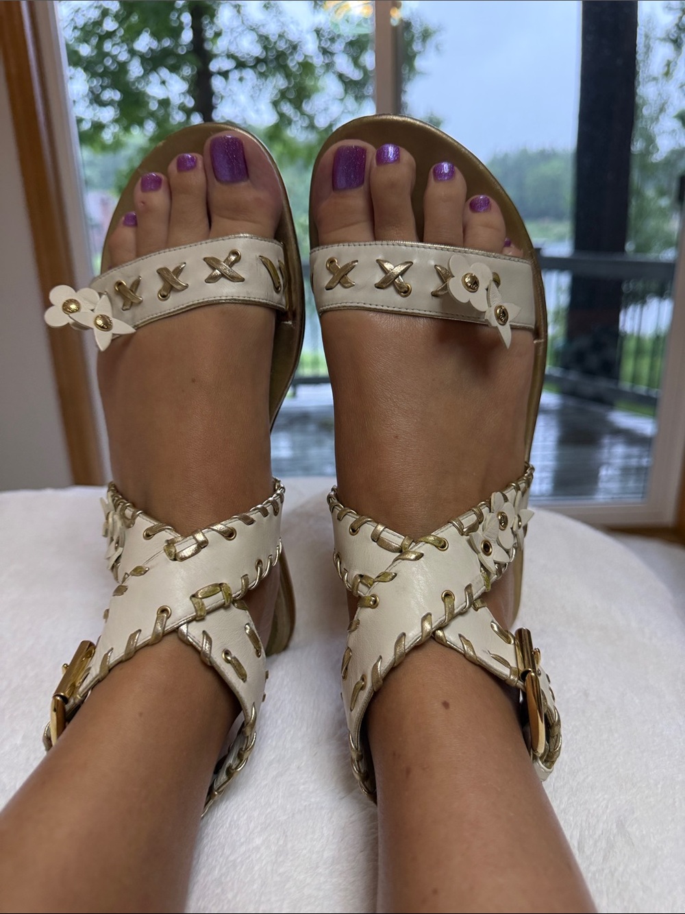 Louis Vuitton Flower Embellished Whipstitch Leather Flat Sandals